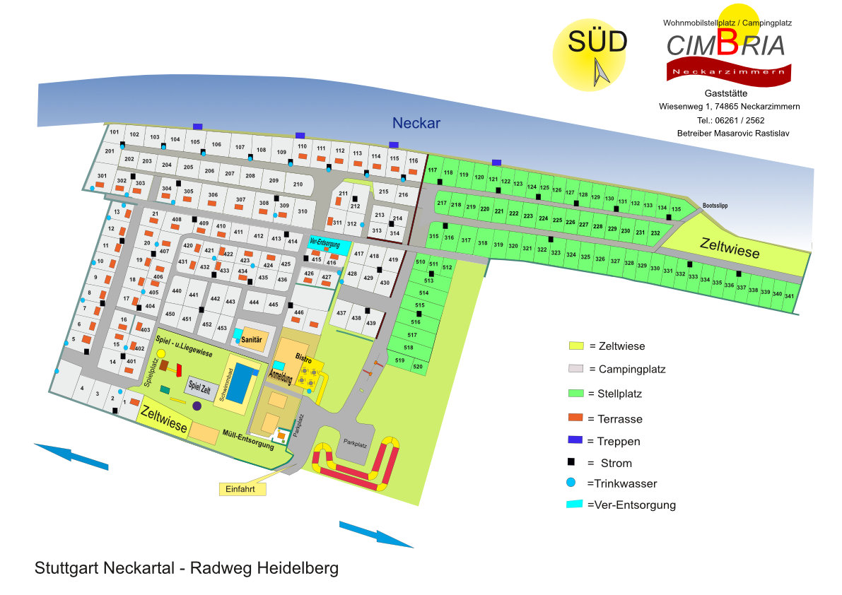 Original-Lageplan des Campingplatzes Cimbria am Neckar mit nummerierten Camping- und Wohnmobilstellplätzen, Zeltwiesen, Einfahrt, Anmeldung, Bistro, Sanitär, Schwimmbad, Ver- und Entsorgung sowie Strom- und Trinkwasserpunkten